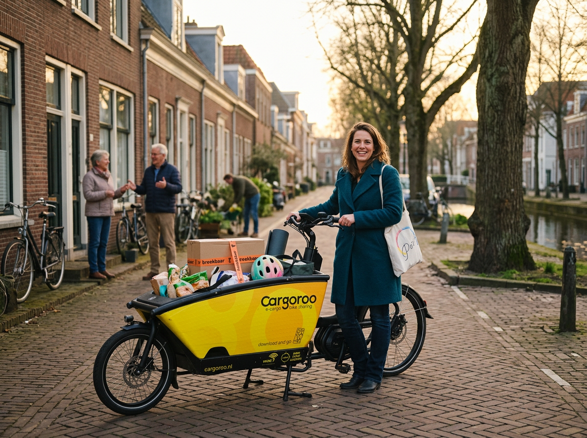 A proud cargo bike warrior with her neighbors gathered around her bright yellow Cargoroo cargo bike